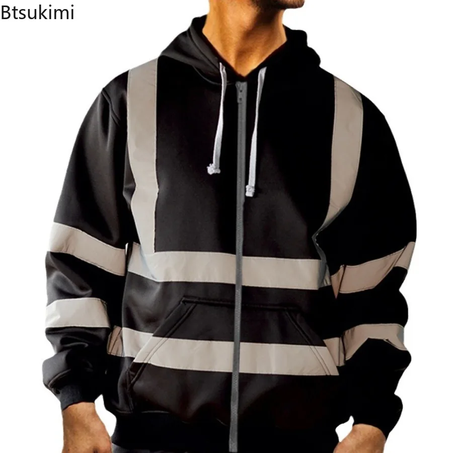 Reflective High Visibility Safety Hoodies Men and Women Long Sleeve Fleece Sweatshirts Fashion Colorblock Outdoor Work Clothes