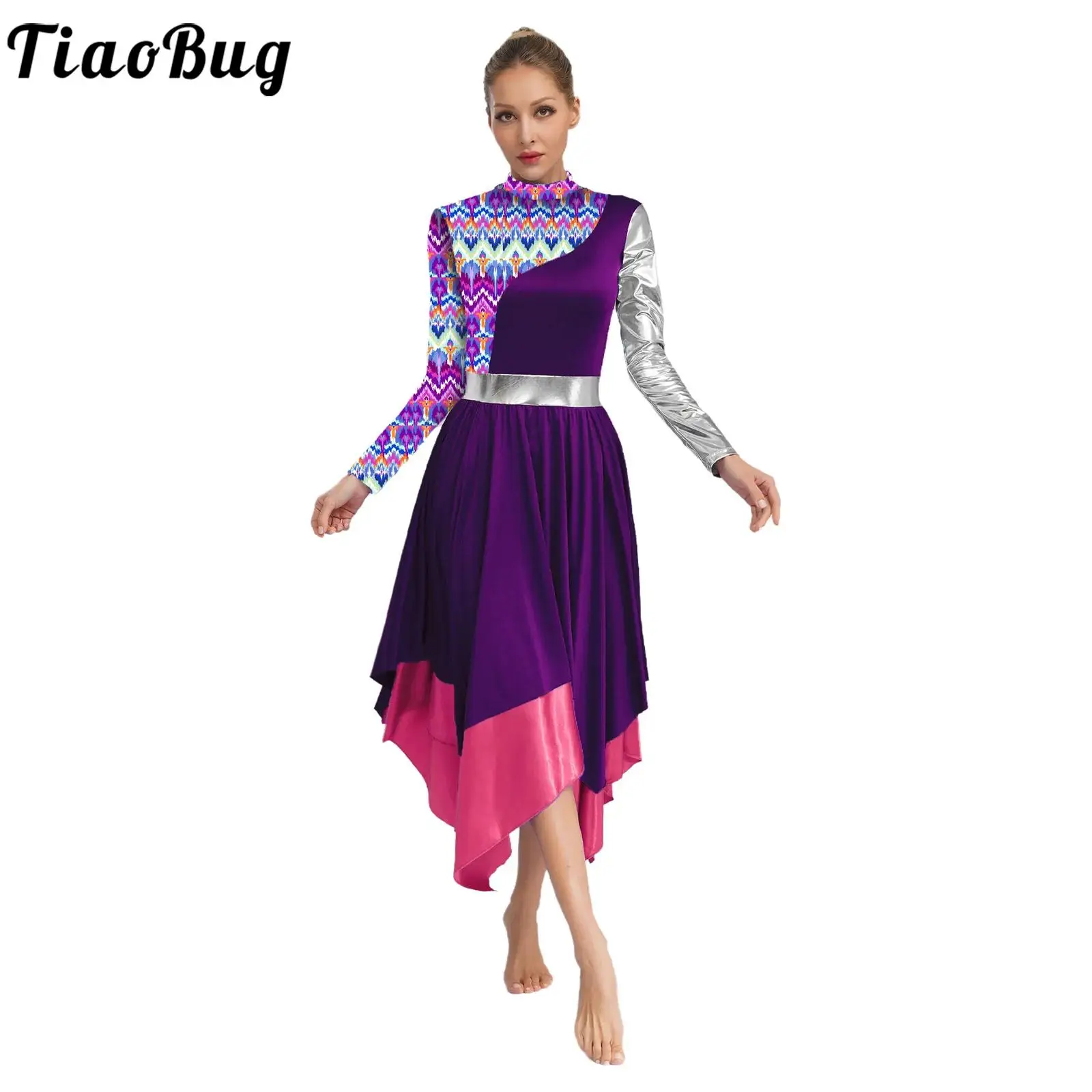 

Women Liturgical Praise Modern Choir Dance Costume Long Sleeve Patchwork Dress And Metallic Wide Leg Pants Stage Dance Wear