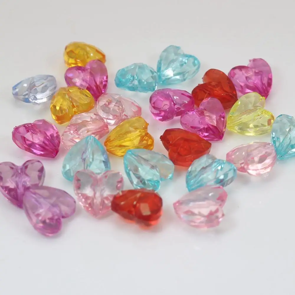 100 Mixed Color Transparent Acrylic Faceted Heart Beads Charms 12X12mm