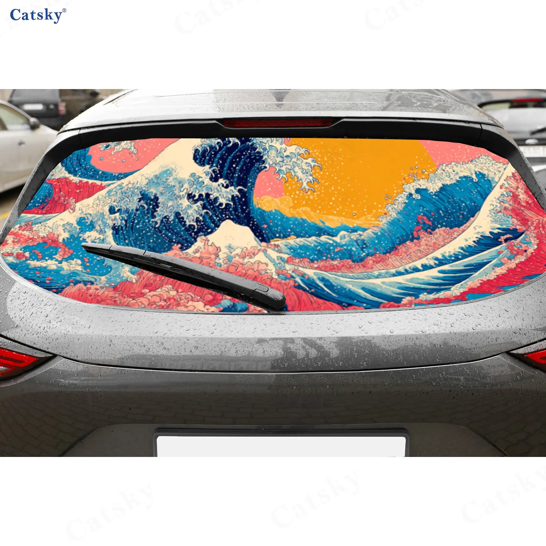 Colorful The Great Wave Ukiyo-e Art PVC Perforated Car Vinyl Wraps, Durable Car Rear Windshield Sticker, Waterproof Car Rear Win