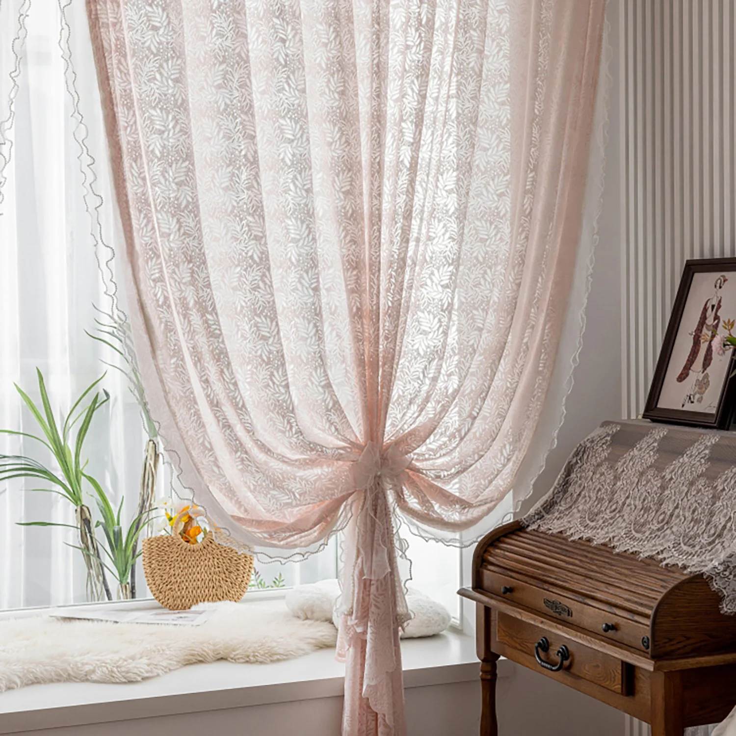 

1PC French Romantic Pink Lace Jacquard Leaves Sheer Curtain for Living Room Gauze Window Drape Wedding Home Decoration #E