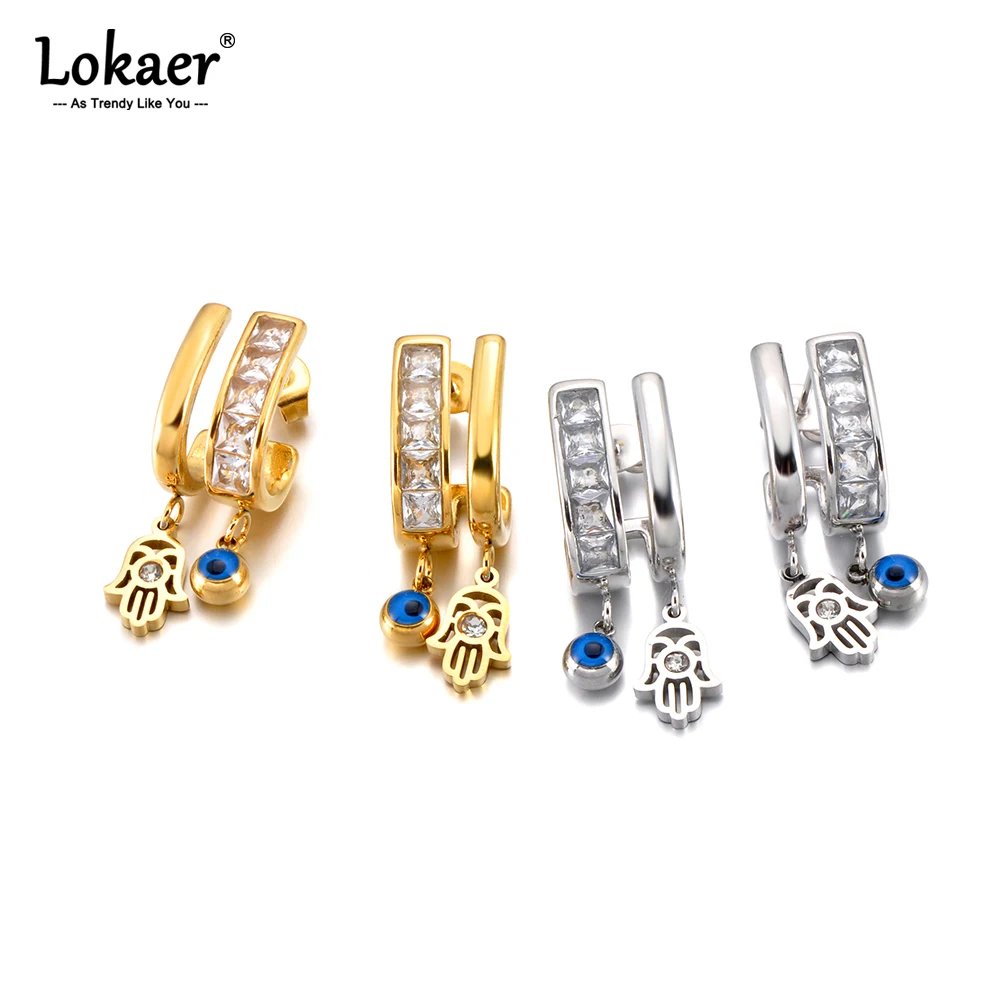 Lokaer Stainless Steel Turkish Demon Eye Hoop Earring Cubic Zirconia Fatima Hand Hollow Evil Eye Earrings for Women Gifts E26055 view 2