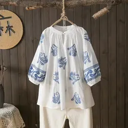 Large size tops women autumn spring ethnic design 100% cotton white embroider shirts and blouses women boho clothing