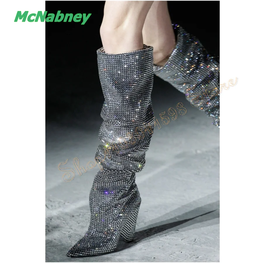 

BlingBling Crystal Rhinestone High Heel Boots,Pointed Toe Chunky Heel Knee High Boots Women Boots 2023 New Zapatos Para Mujere