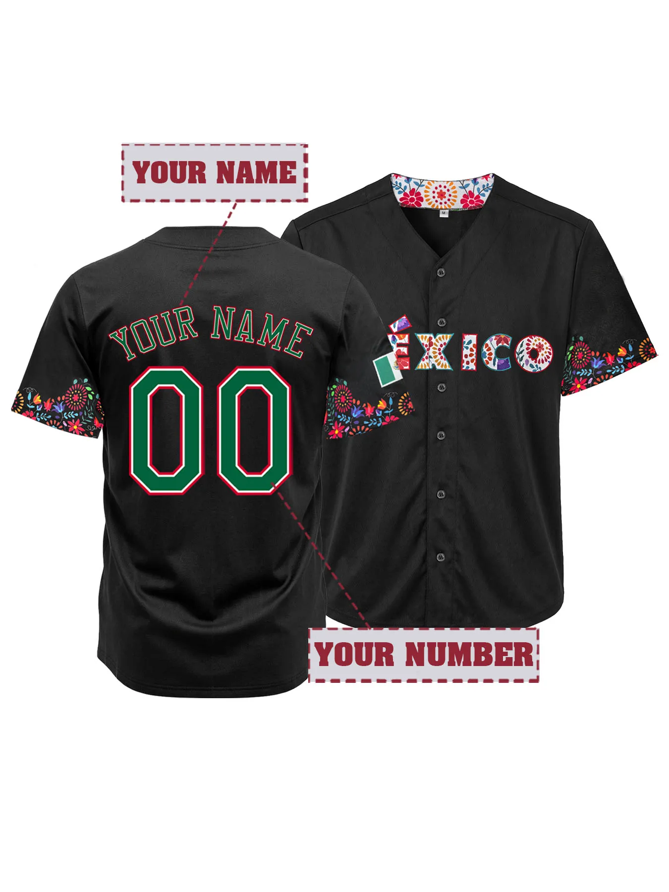 Mexico Floral Embroidered Baseball Jersey Custom Name and Number Black Button Down Short Sleeve Gift for Baseball Fans Men Women