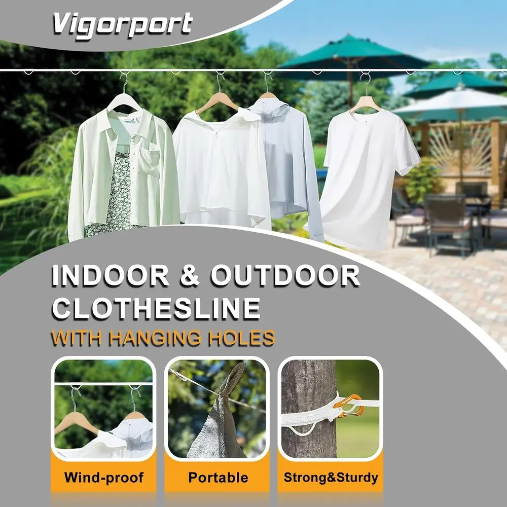Compact Outdoor & Indoor Travel Clothesline with Hang Hole, Suitable for Camping, Hotels, Backyards, Cruise Ships (White, 12.5ft