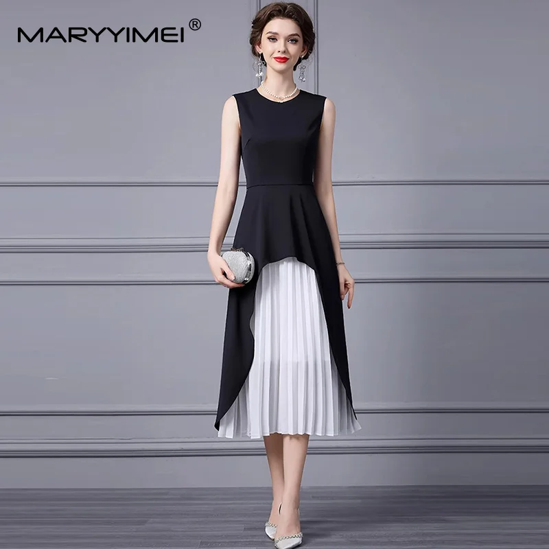 

MARYYIMEI Spring Summer New Commuter Women's Dress Sleeveless Pleated Splicing Asymmetrical Simple Office Work Dresses