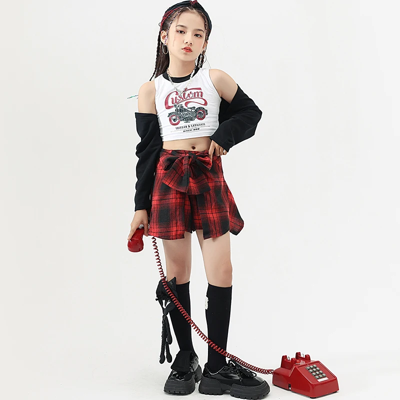 Kids Hip Hop Clothing Teenage Showing Outfit Crop Tops Tank Vest Checkered Mini Skirt For Girls Dance Costume Children Clothes