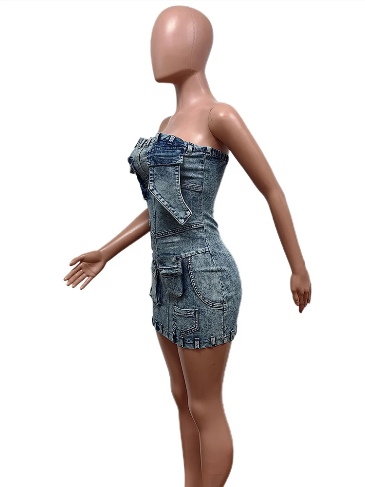 WEIRD PUSS Y2K Vintage Denim Dress Women Hipster Fall Fashion Zip Pocket Skinny Streetwear Classic Strapless Hottie Mini Bodycon