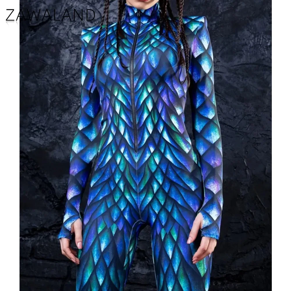 Zawaland Peacock Cosplay Costume Scale Print Jumpsuit Halloween Party Bodysuit Festival Rave Outfit Adult Animal Zentai Catsuit