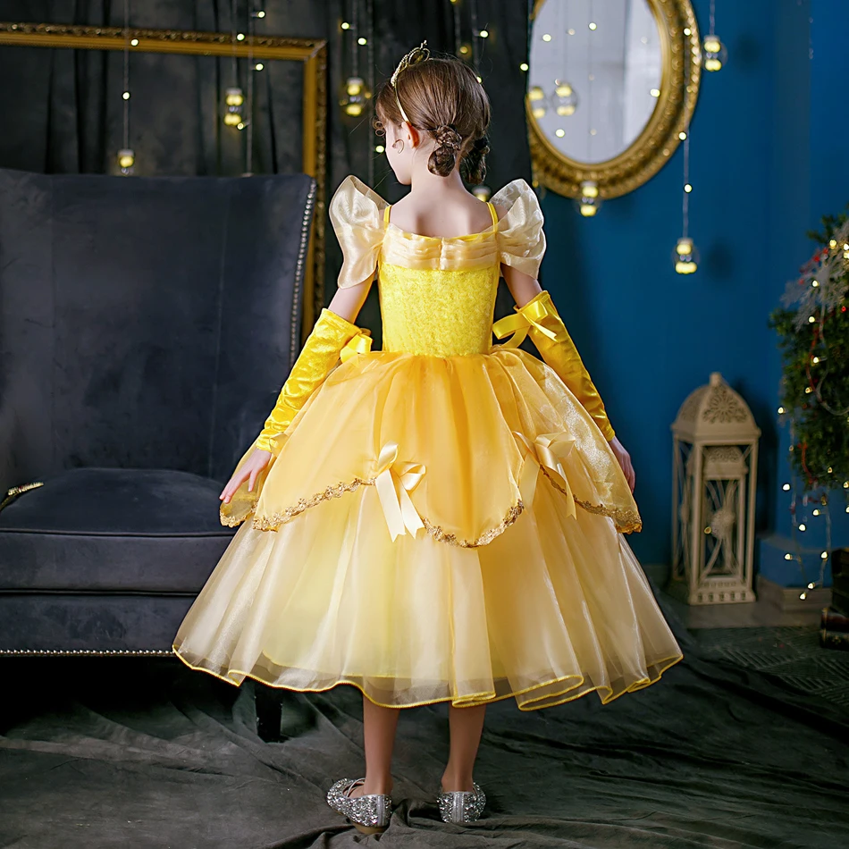 Vestido de princesa bella para niñas, disfraz de La Bella y La Bestia, ropa de fiesta para niños, corona de palo mágico, cumpleaños para niños