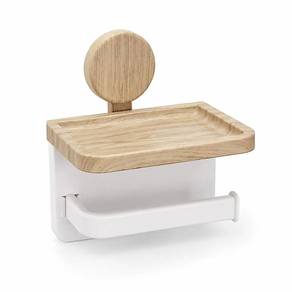 No Drill Adhesive Toilet Paper Holder with Top Shelf, Wood Grain Wall Mount Tissue Roll Rack, Rental‑Friendly Damage‑Free Wall Organizer for Bathroom Kitchen Sink Area