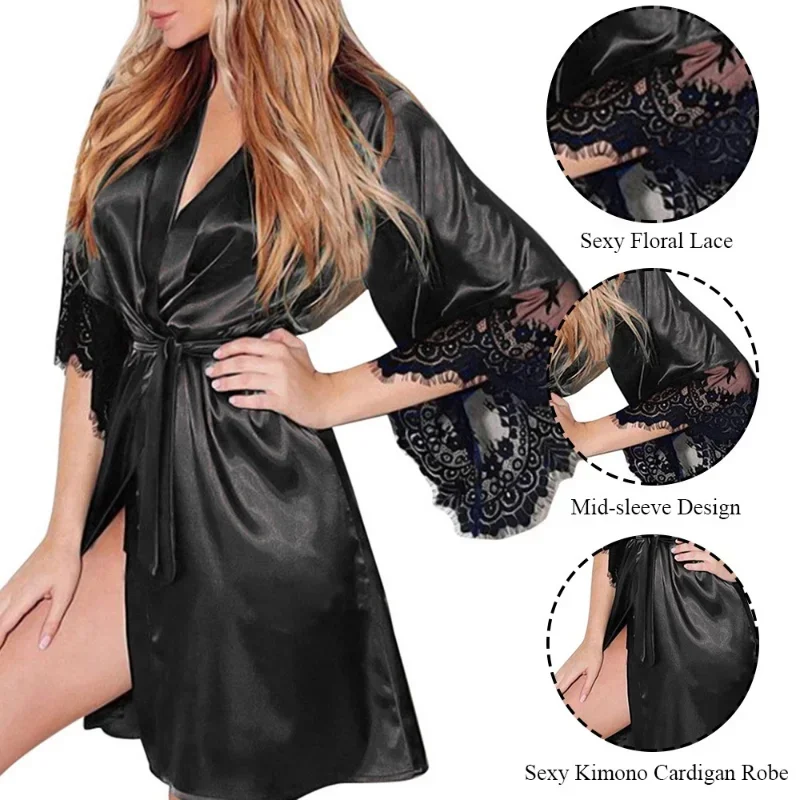 Women Night Gown Robe with G String Floral Lace Bathrobe Halt Sleeve Nightdress Female French Sexy Silky Satin Sleepwear