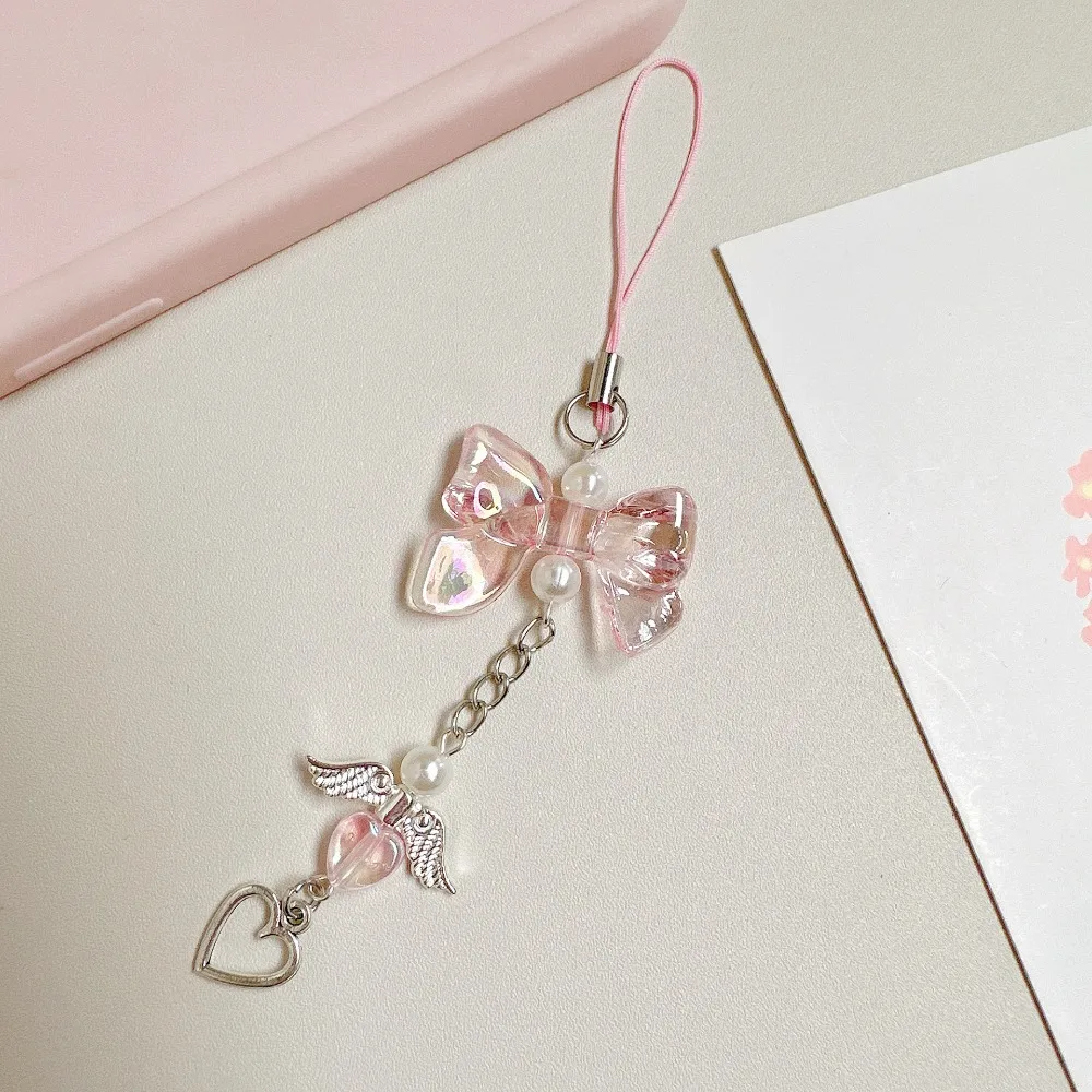 Love Pendant Heart Fringe Phone Lanyard Sweet Bowknot Love Heart Pendant Phone Strap Girly Backpack Charm Key Chain Pendant Gift