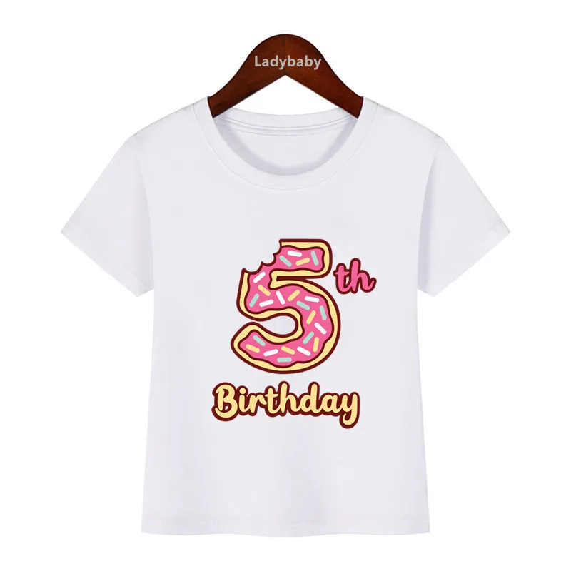 Cute Donuts Happy Birthday Number Bow Kids T shirt 1 2 3 4 5 6 7 8 9 Years Girls Clothes Summer Short Sleeve Baby Boys T-Shirts