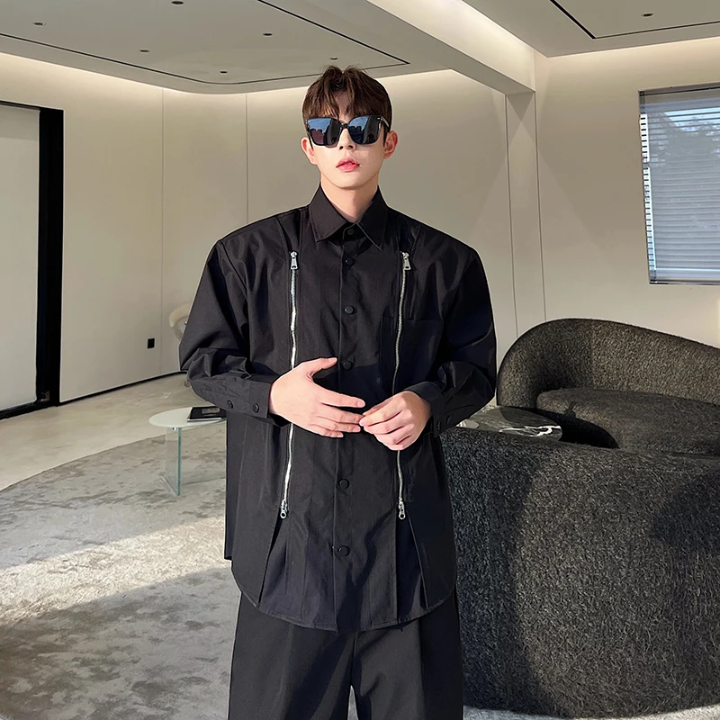 

Spring New Double Zipper Design Cool Haome Men's Long Sve Loose Casual irt Trendy Outerwear Classic Color