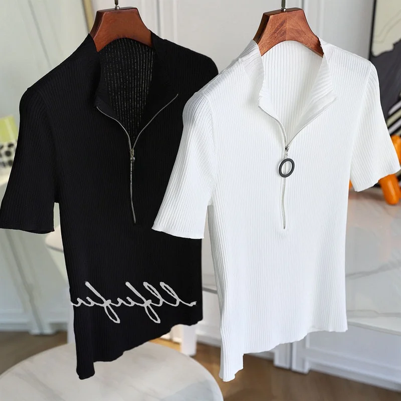 

Slim Fit Ice Silk f Футболка на молнии ort Sve Трикотаж Женский модный летний базовый слой irt Корейский Sle Новое поступление