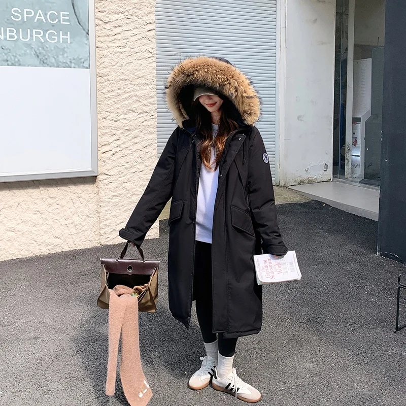 

Thiened Long Cotton Jaet with Large Fur Collar Knee-Length Workwear Outerwear Warm Korean Sle Commute Faion