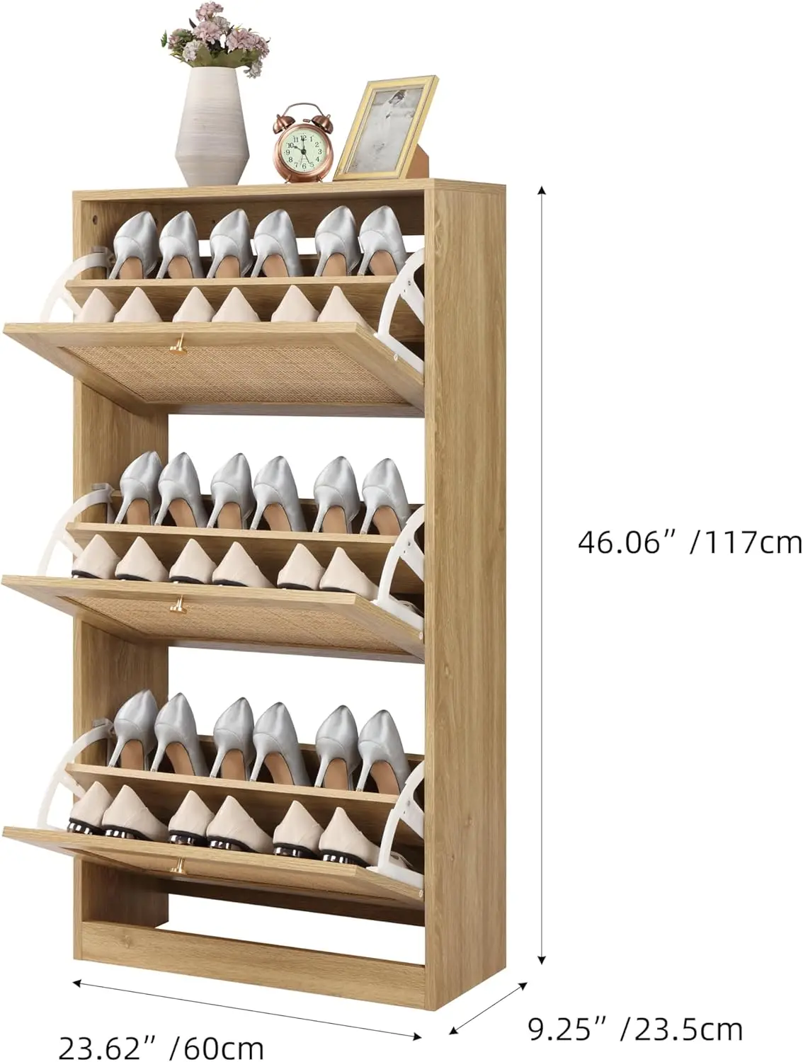 3 Tier Shoe Cabinet with Natural Rattan Flip Drawers for Entryway, Free Standing Slim Shoe Storage Organizer with Large