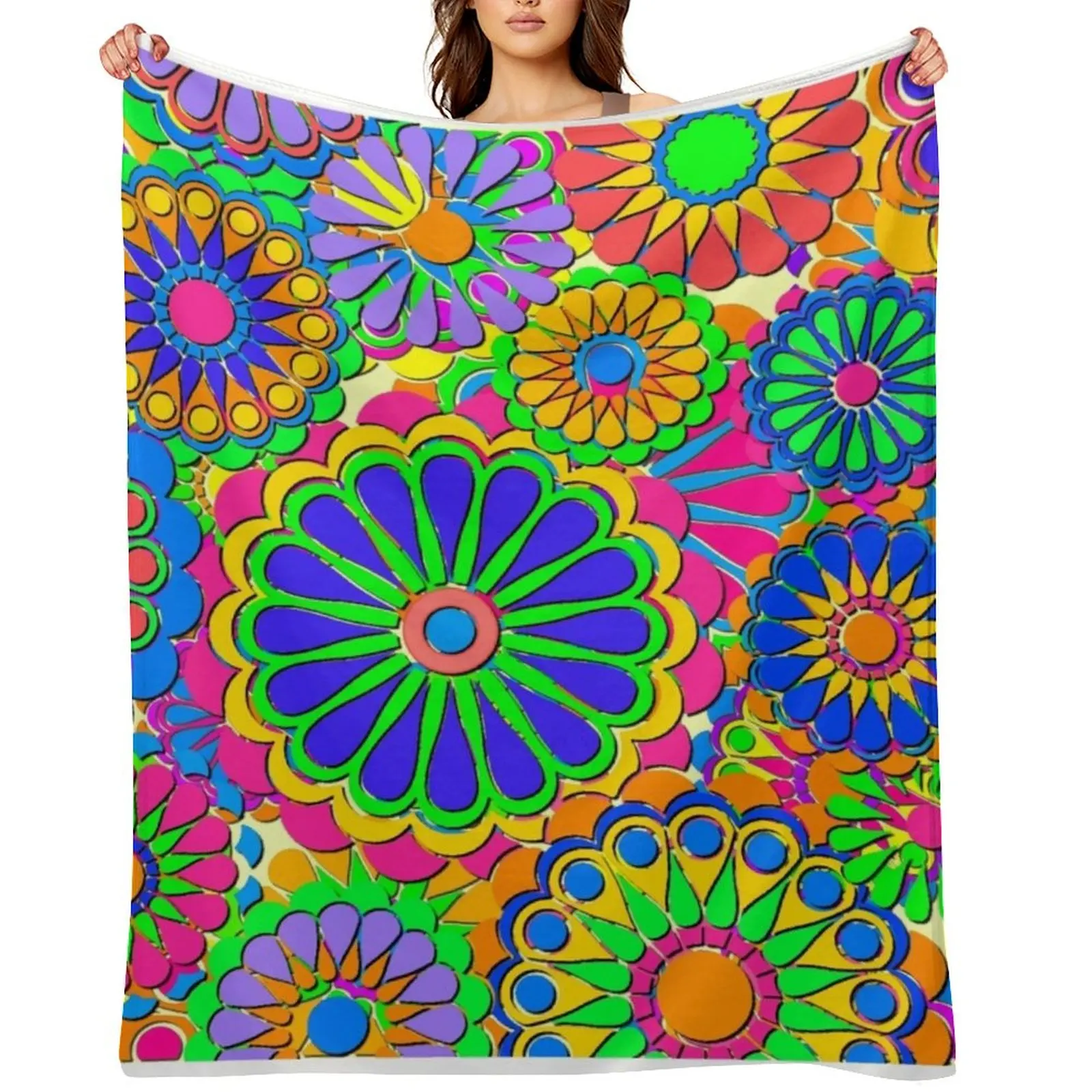 

Bright Colorful Flower Power Hippy Retro Style Throw Blanket Blankets For Bed Flannels Heavy Blankets