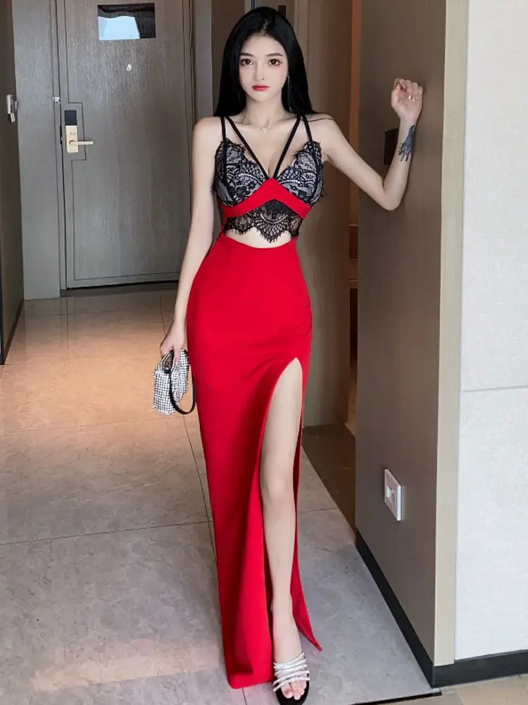 فستان كوكتيل أحمر فاخر للنساء ريترو دانتيل بألواح انقطاع فتحة جانبية رسن رسمي أنيق للحفلات فستان ضيق للحفلات الراقصة