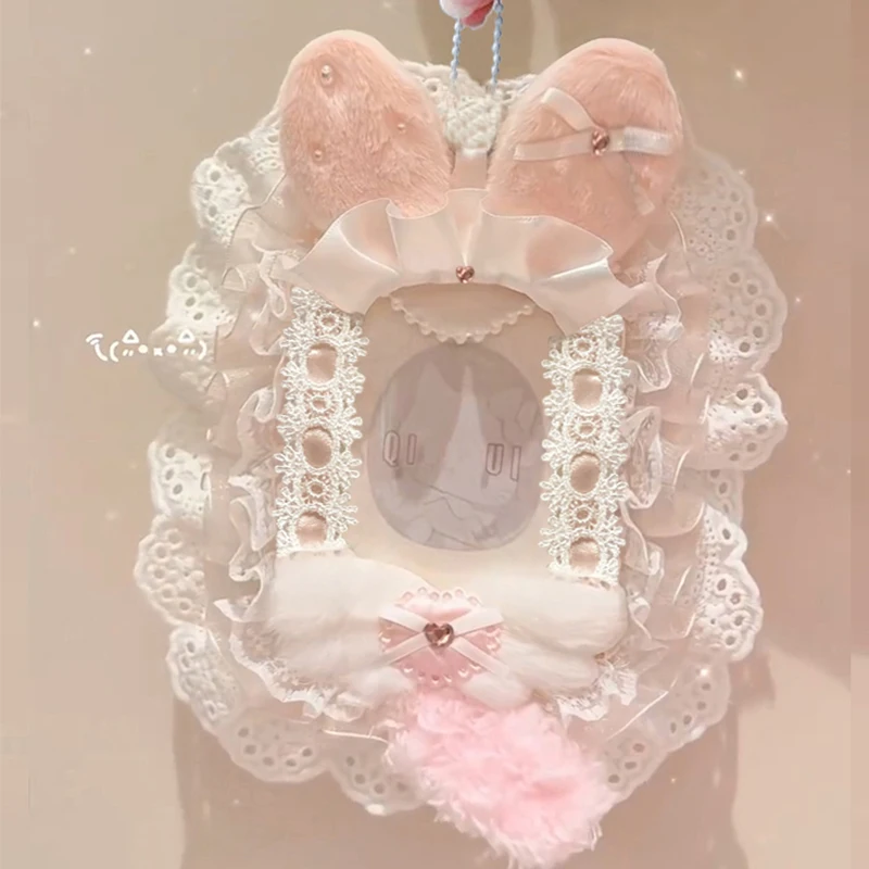 Handmade Bunny Ear Plush Lace Satin Ruffle PVC Photocard Holder 3 Inch KPOP Polaroid Anime Cute Lolita Card Protector image 3