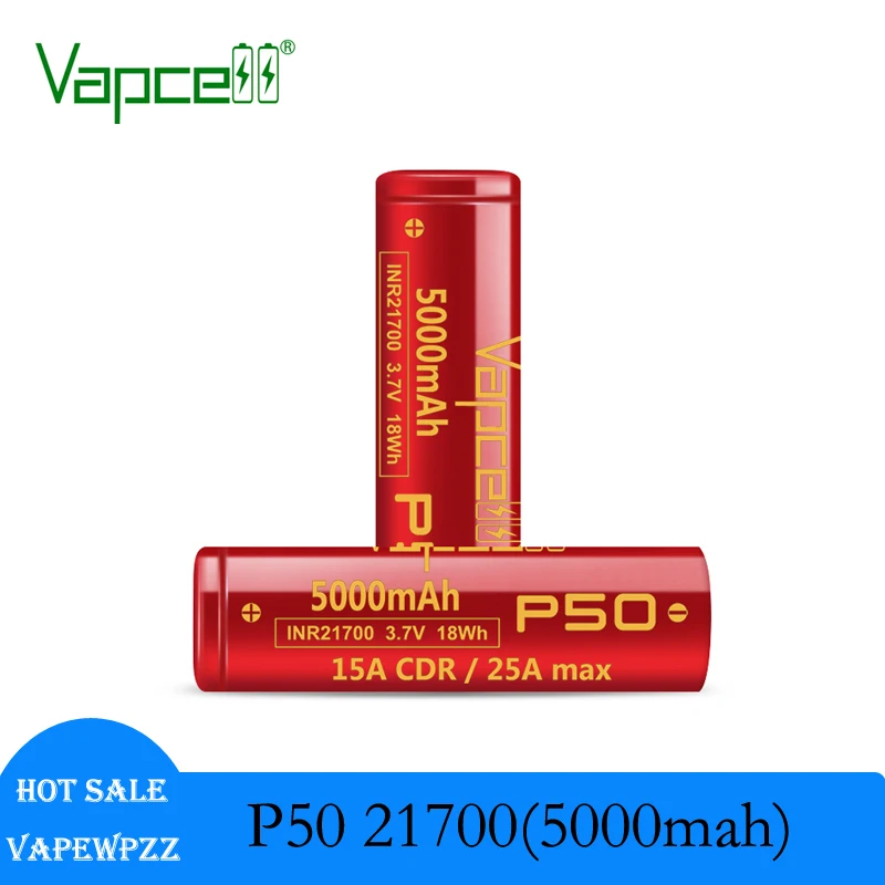 Original Vapcell Li Ion Battery P50 INR21700 5000mah 3.7V 21700 Batteries 15A/25A Rechargeable Cells High Capacity For Box-Mod