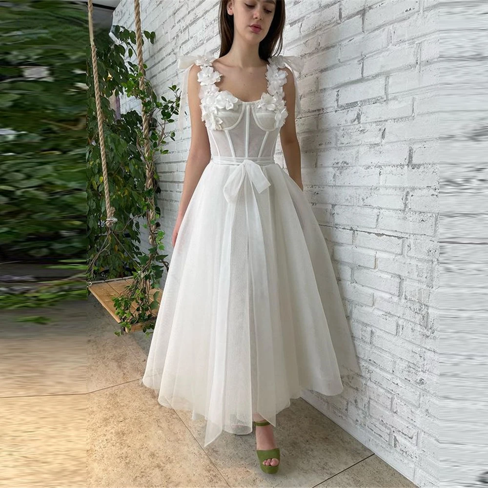 

2022 New White A Line Prom Dresses 3D Flowers Straps Sweetheart Bones Sash Ankle Length Formal Party Gown With Pockets