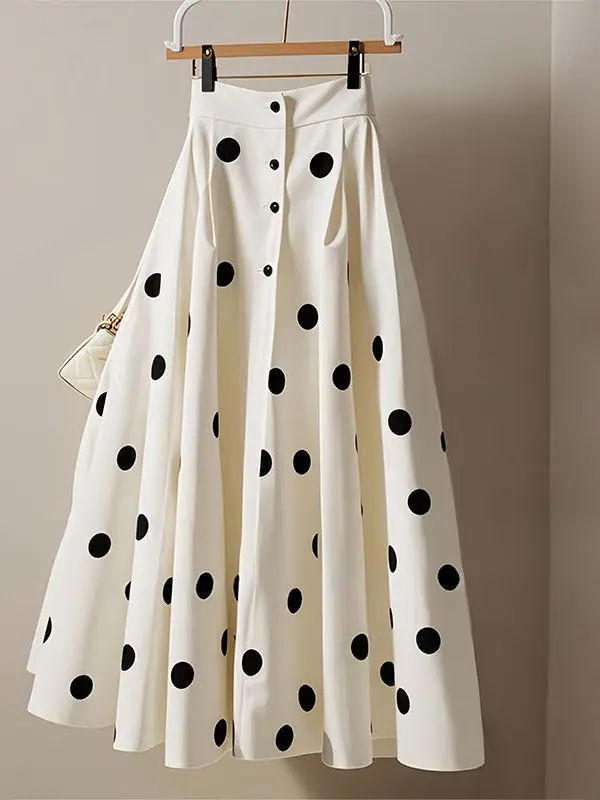 White Polka Dot Maxi Skirt Women's Long A-Line Summer 2025 New Small Size High-End Feeling Elegant Slimming Korean Style
