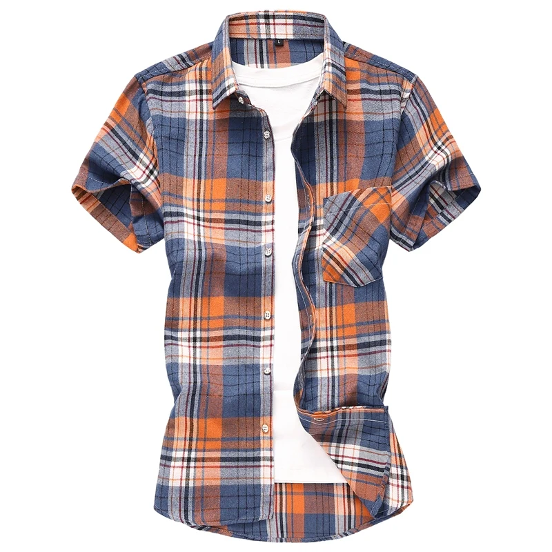 New Arrival Plaid Short Sleeve Shirt Men's Single-breasted Square Collar Shirts Summer Fashion Casual Business Office Blouse 7XL