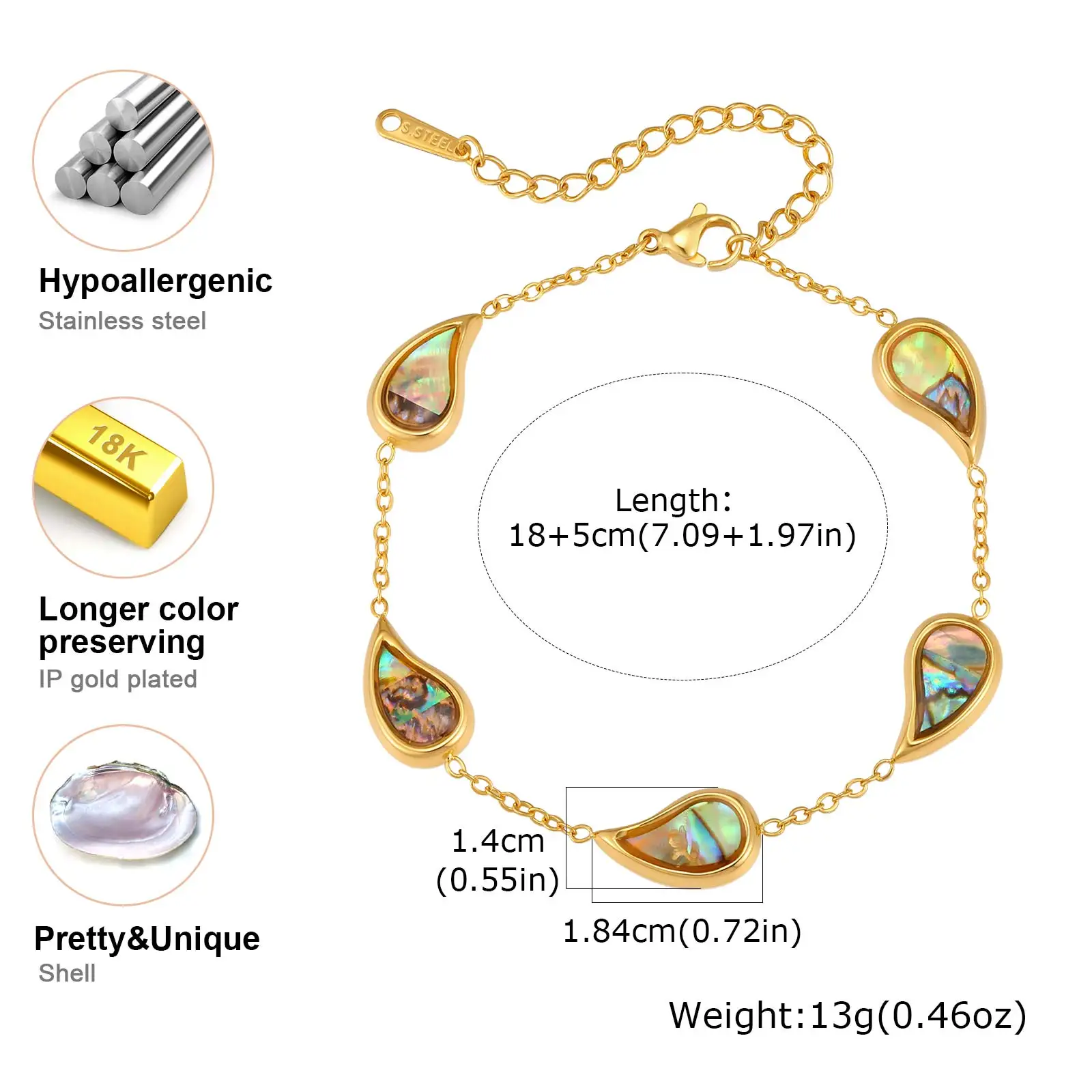 Vnox Gold Plated Abalone Shell Bracelet for Women Trendy Geometric Teardrop Bracelet Summer Beach Boho Jewelry Waterproof