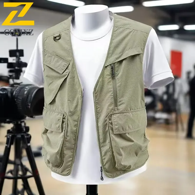 

New Outdoor Vest Men Multi Pocket Loose Workwear Casual V Neck Vests Slant Pocket Fashion Lightweight Wear Sleeveless Gilet
