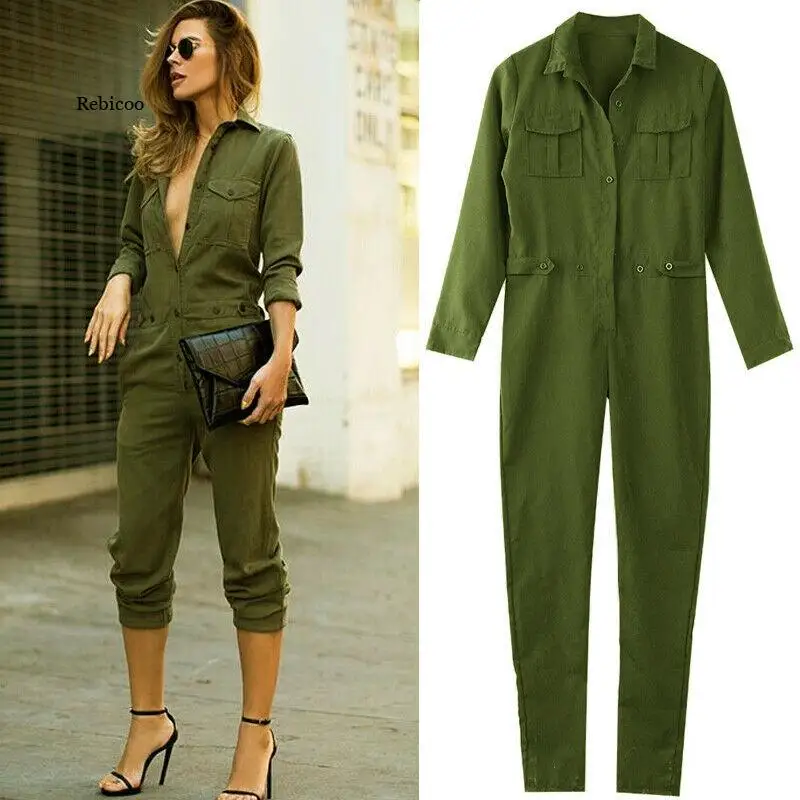 Nouvelle mode femmes Slim moulante combinaison à manches longues, vert armée solide décontracté barboteuse dames Vintage barboteuse pantalon Long combinaison