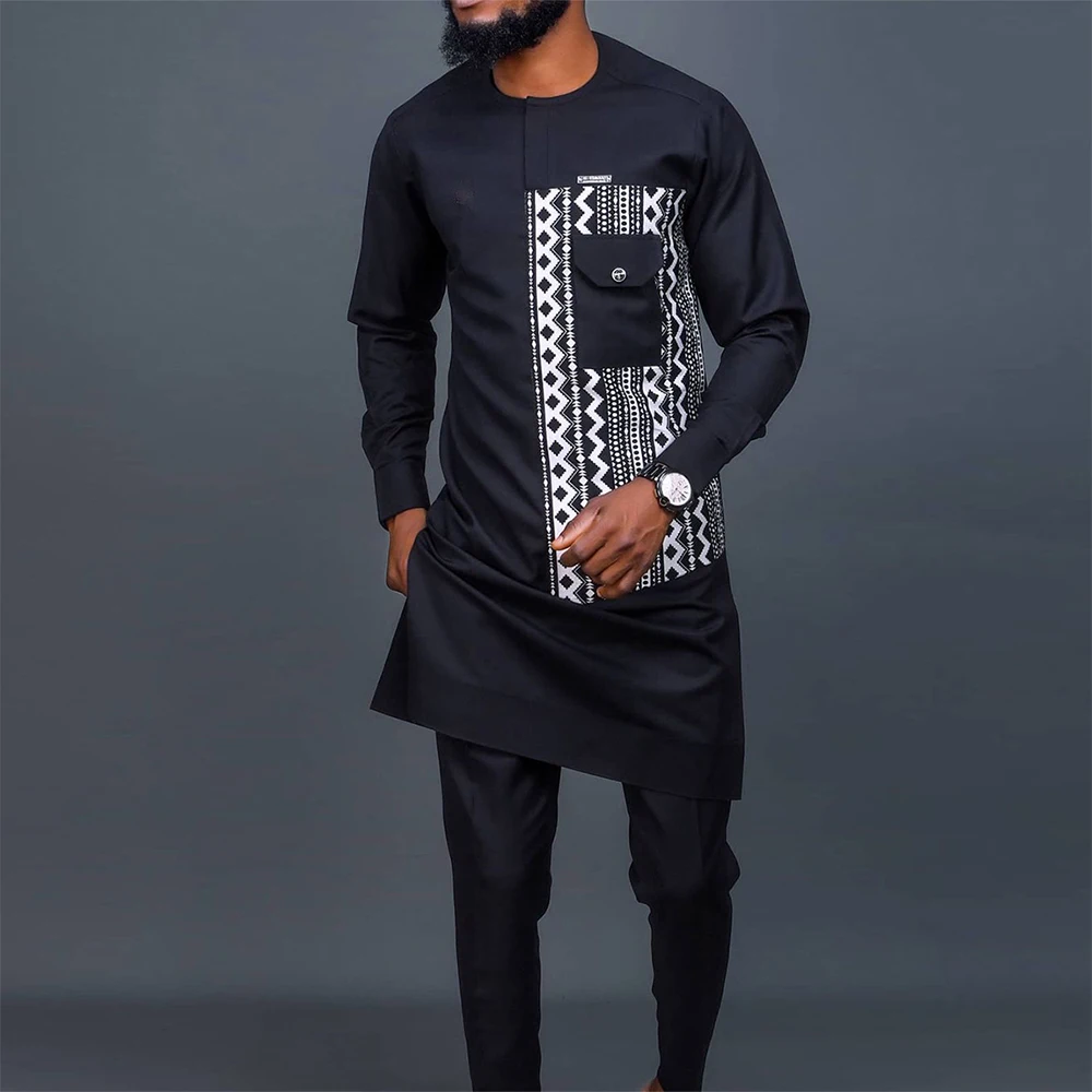 New In Men\'s Sets African Clothing Long-sleeved Printed Button-up Top and Pants 2-piece Set Party Festival Mens Designer Clothes