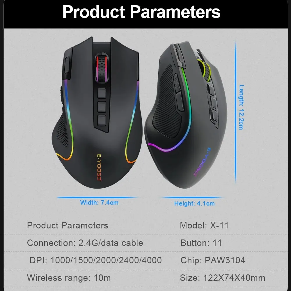 X-11 RGB USB 2.4G, Mouse Gaming tanpa kabel 4000 DPI 9 tombol dapat diprogram ergonomis untuk Gamer PC komputer