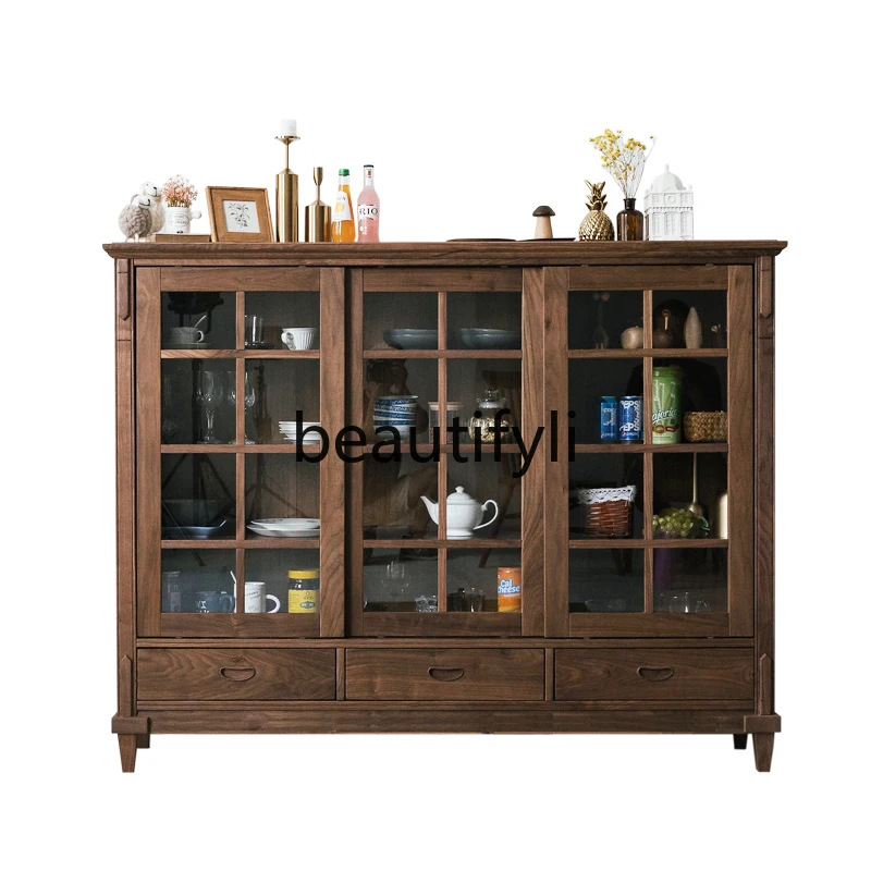 Black walnut side cabinet sliding door locker restaurant storage display cabinet all solid wood