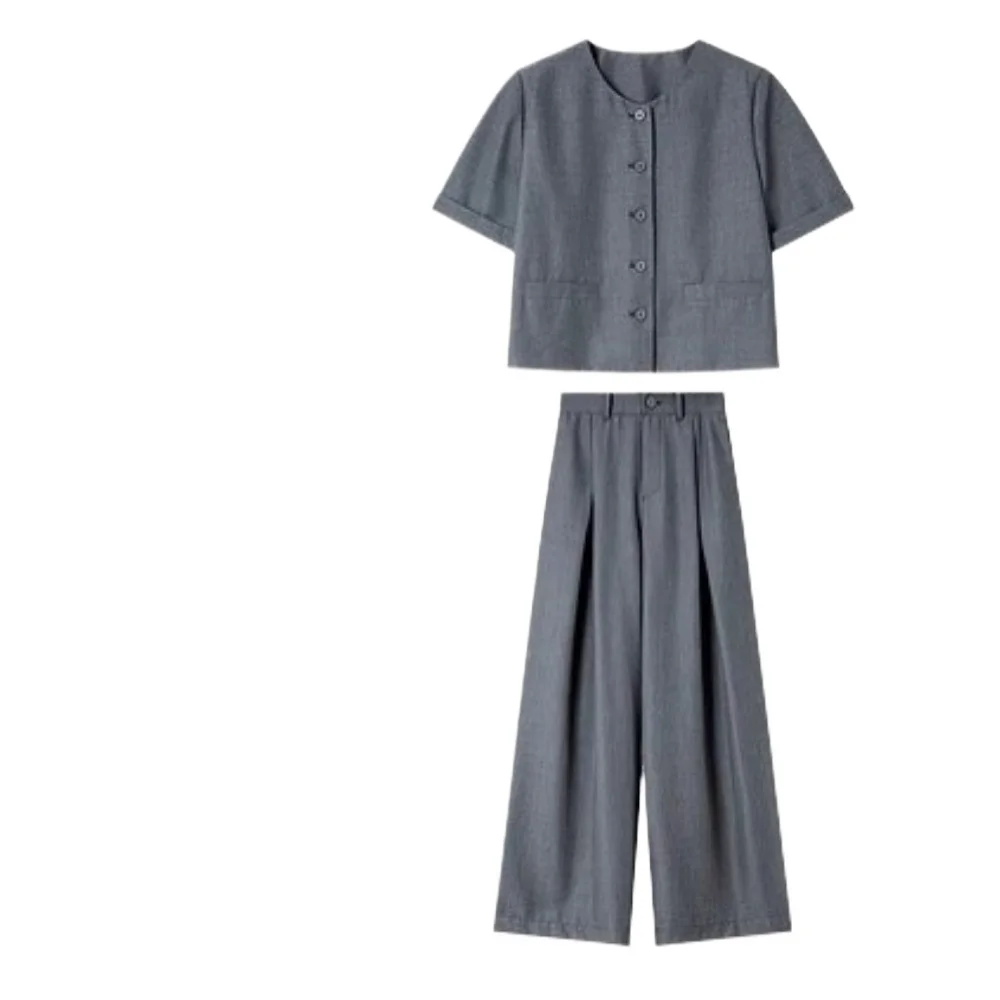 VIMLY Office Ladies Summer Pant Suit Women's Grey Outfits 2025 New in Matching Sets Short Sleeve O- Neck Blazer Long Pants A0818