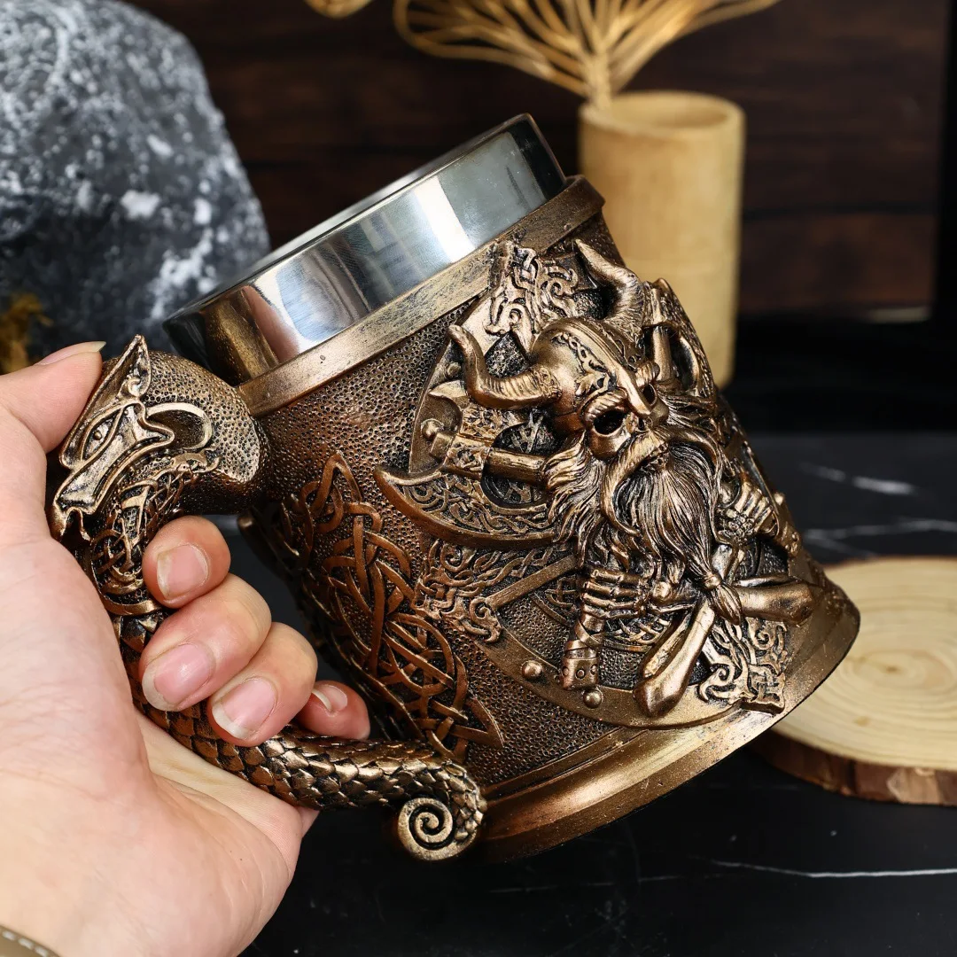 Viking Beer Mug 600ml Stainless Steel Tankard Norse Medieval Warrior Pirate Resin Coffee Cup Retro Drinkware Bar Gift for Men