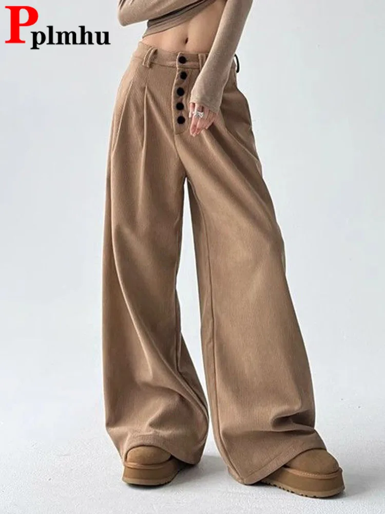 

Korean Design High Waist Wide Leg Pants Women Casua Loose Chic Button Straight Pantalones Spring Fall Classic Solid Sweatpants