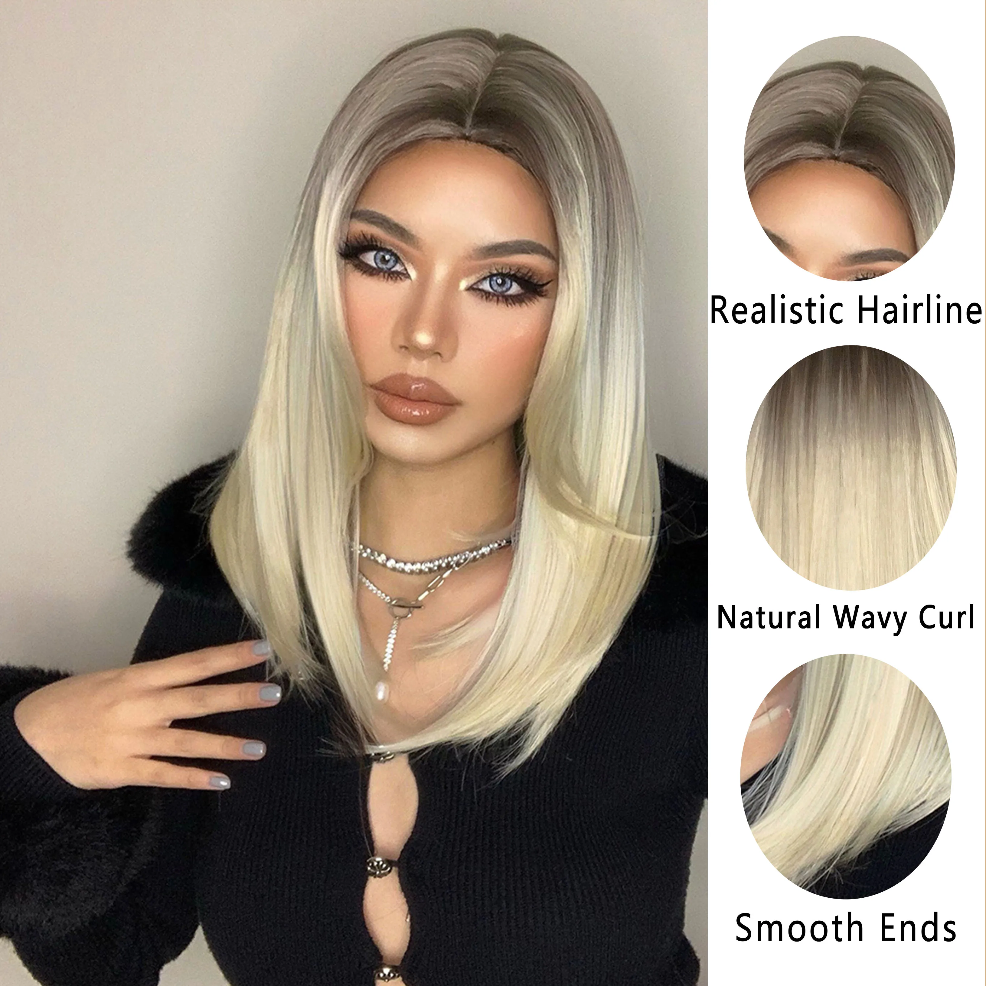 Brown to Light Blonde Ombre Hair Medium Straight Natural Bob Synthetic Wigs Middle Part For Women Heat Resistant Cosplay Wigs