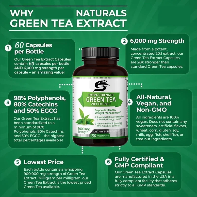 Green Tea 20:1 Extract, 6000 Milligrams Strength, 60 Vegetarian Capsules, 1 Month Supply, Standardized Concentration