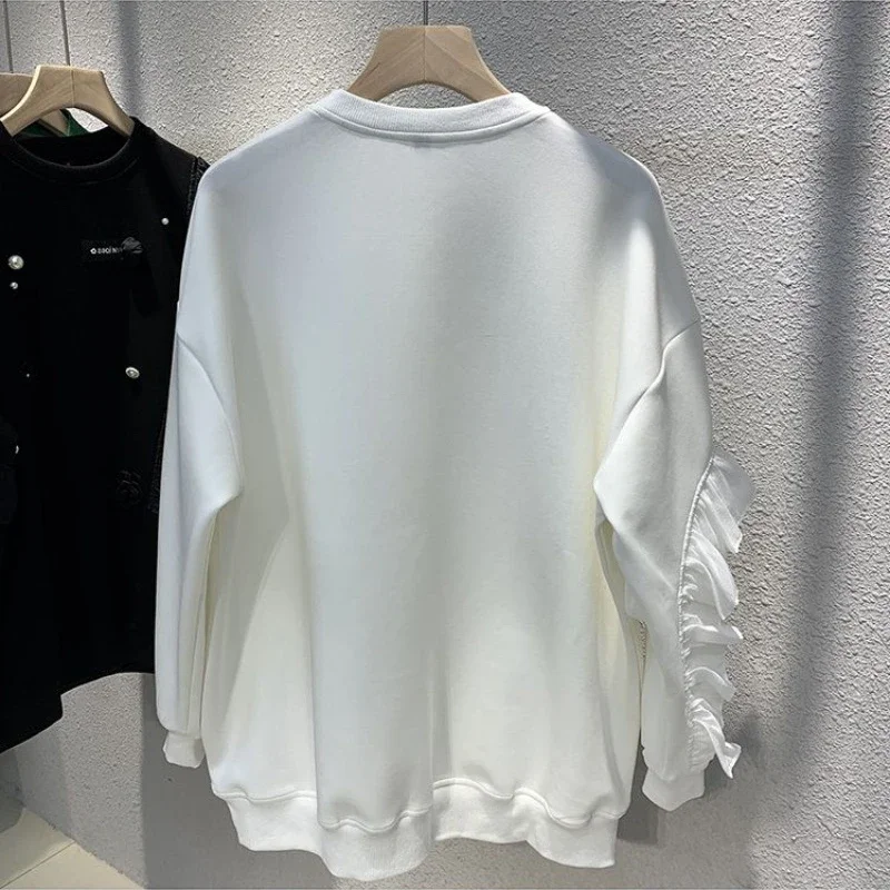 Sweatshirts Women Ruffles Rose Patchwork Pearls Spring Sweet Romantic Tender Simple Korean Style Age-reducing Students Loose 3XL