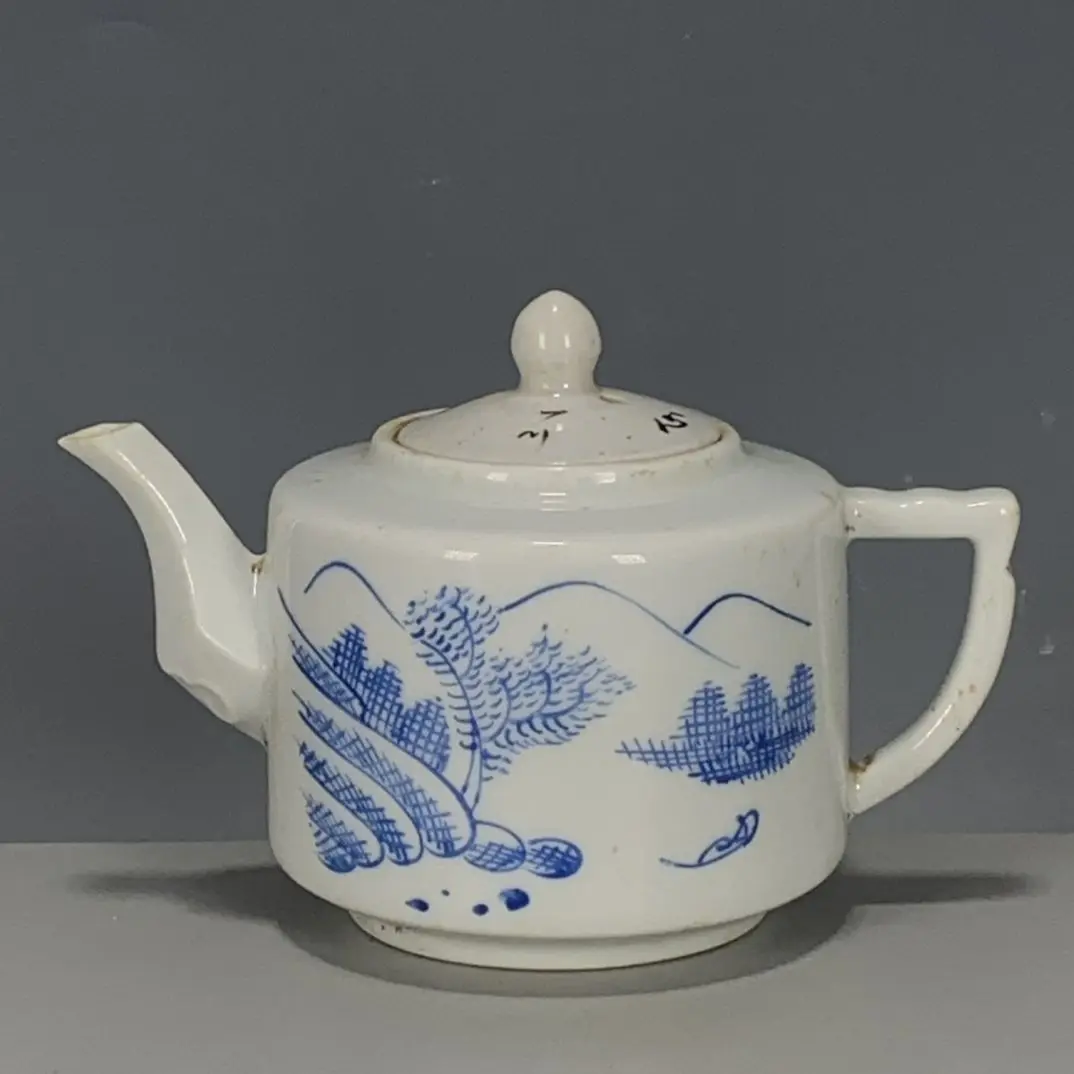 Hand Painted Blue White Porcelain Teapot Chinese Landscape Pattern Vintage Ceramic Collectible Decor
