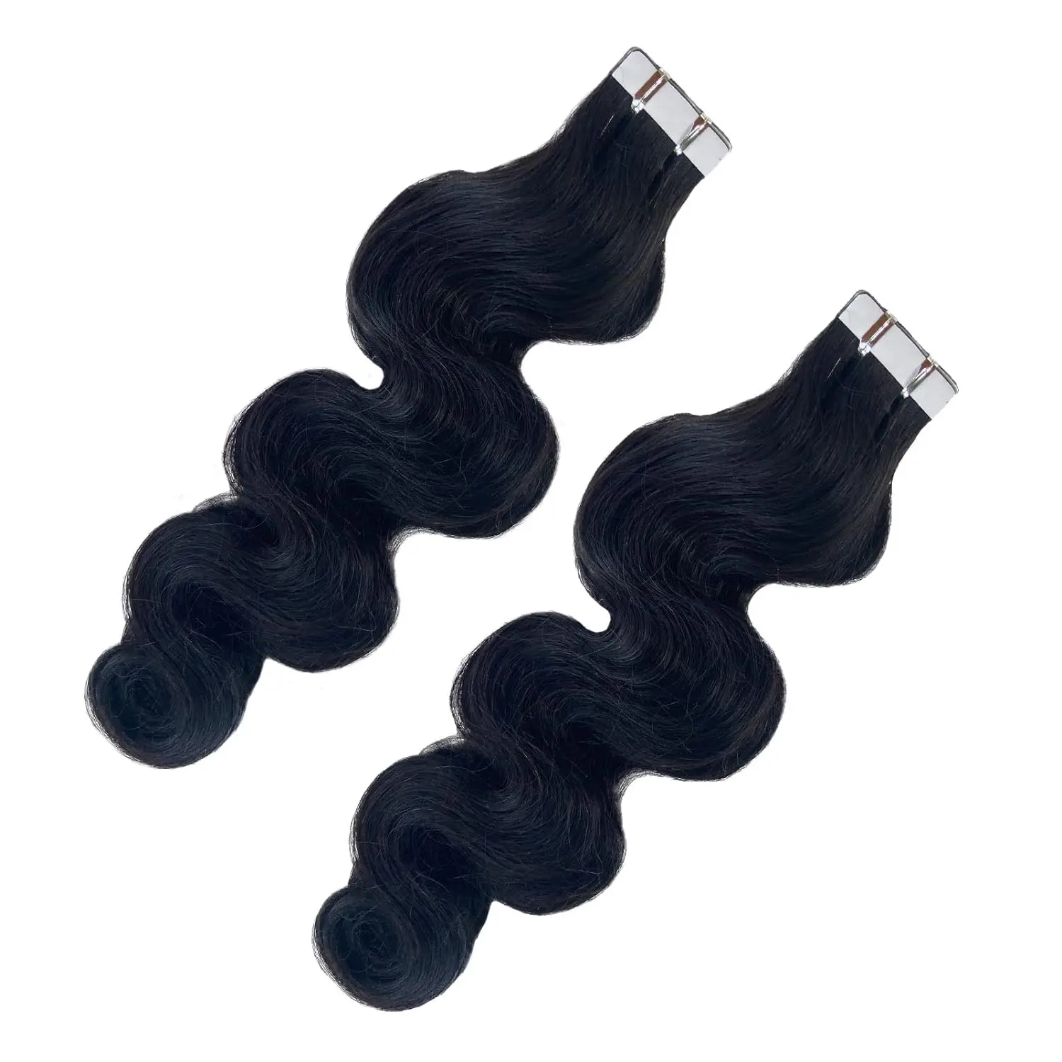 Extensões onduladas do corpo para mulheres negras, 100% cabelo humano remy real, trama da pele, cola adesiva, preto natural, # 1B