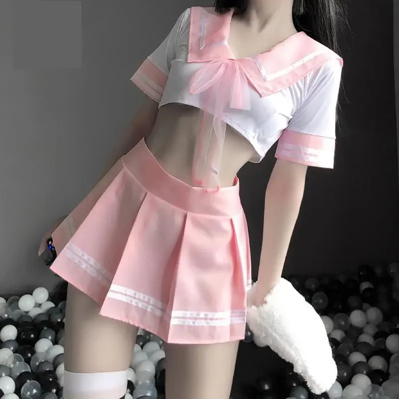 Populaire Erotische Roze Kostuum Jurk Vrouwen Minirok Klittenband Outfit Sexy Cosplay Lingerie Student Uniform