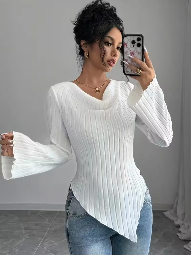 Women's Asymmetrical Hem Knitted Shirt With Scallop Edge V-neck Trumpet Shaped Long Sleeved Vertical Ribbed Slim Fit Fashion Top