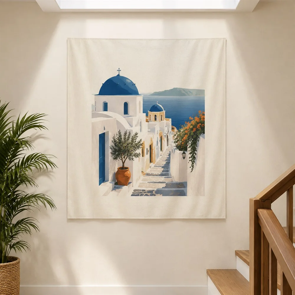 VIKAMA Mediterranean Town Tapestry Wall Hanging, Coastal Village Wall Art, Coastal Decor for Living Room Bedroom Bathroom