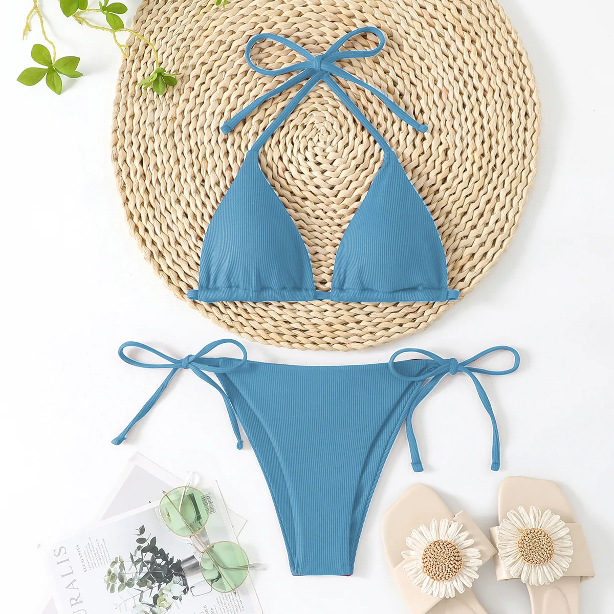 Bikini Sexy con cordón rojo para mujer, traje de baño de dos piezas, conjunto de Bikinis con Tanga acanalado, trajes de baño para mujer, Bikini brasileño 2025