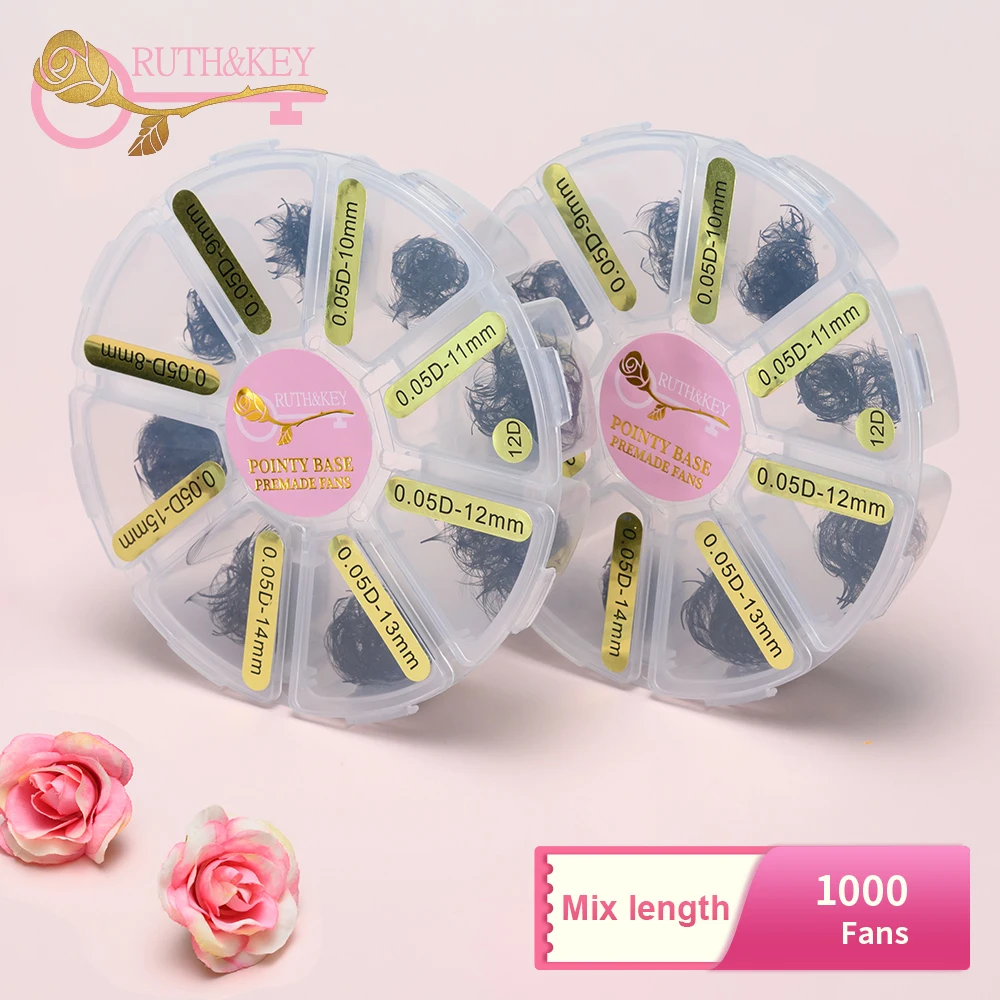 1000 fans mixed box loose fan lashes 3D-14D Promade fan 0.05 0.07 thickness eyelash extension sharp stem 0.05 0.07 LOGO Printing