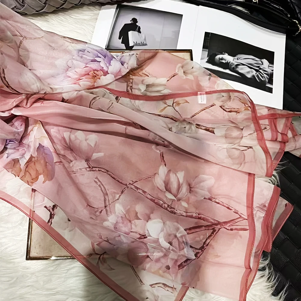 Spring NEW Luxury 100% Pure Silk Shawl Scarf Fashion Brand Pink Megnolia Long Scarves Wraps Summer Silk Chiffon Beach Scarf Cape